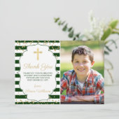 金ゴールドグリッターグリーンストライプのファーストコミュニオンフォト サンキューカード (スタンド正面)