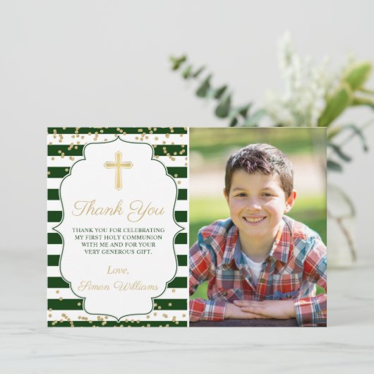 金ゴールドグリッターグリーンストライプのファーストコミュニオンフォト サンキューカード (スタンド正面)