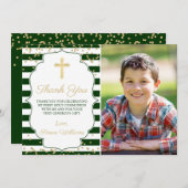 金ゴールドグリッターグリーンストライプのファーストコミュニオンフォト サンキューカード (正面/裏面)