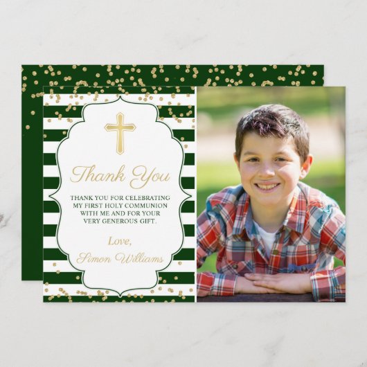 金ゴールドグリッターグリーンストライプのファーストコミュニオンフォト サンキューカード (正面/裏面)