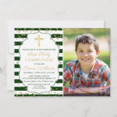 金ゴールドグリッターグリーンストライプのファーストコミュニオンフォト 招待状 (正面)
