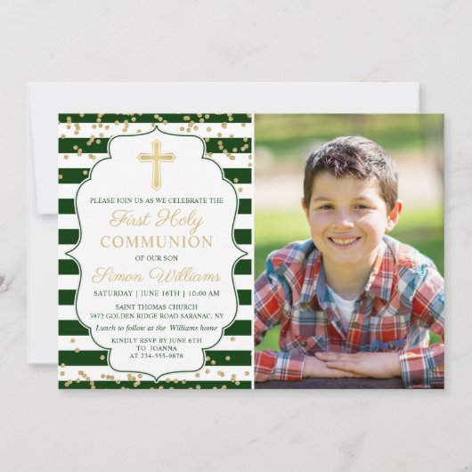 金ゴールドグリッターグリーンストライプのファーストコミュニオンフォト 招待状 (正面)