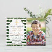 金ゴールドグリッターグリーンストライプのファーストコミュニオンフォト 招待状 (スタンド正面)