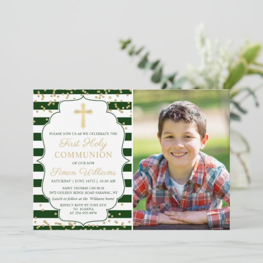 金ゴールドグリッターグリーンストライプのファーストコミュニオンフォト 招待状 (スタンド正面)