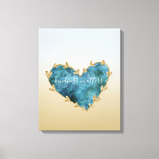金ゴールドグリッターグリーンティール(緑がかった色)アクアブルーアースハート キャンバスプリント (正面)