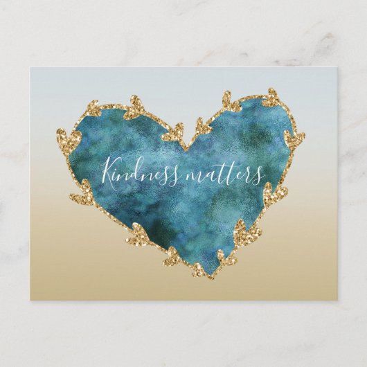 金ゴールドグリッターグリーンティール（緑がかった色）アクアブルーアースハート ポストカード (正面)