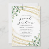 金ゴールドグリッターグリーンリーSweet sixteen16誕生日 招待状 (正面)