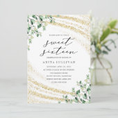 金ゴールドグリッターグリーンリーSweet sixteen16誕生日 招待状 (スタンド正面)