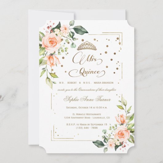 金ゴールドグリッターコーラルフローラミクリンスキンセアニラ 招待状 (正面)