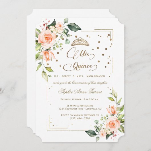 金ゴールドグリッターコーラルフローラミクリンスキンセアニラ 招待状 (正面/裏面)