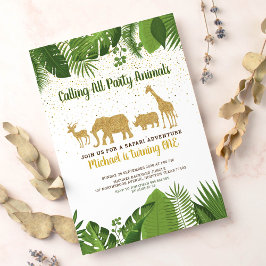 金ゴールドグリッターサファリアニマル誕生日 招待状