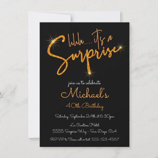 金ゴールドグリッターサプライズ誕生日パーティー 招待状 (正面)