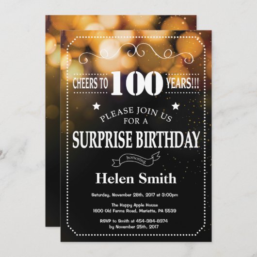 金ゴールドグリッターサプライズ100番目の誕生日招待状 招待状 (正面/裏面)