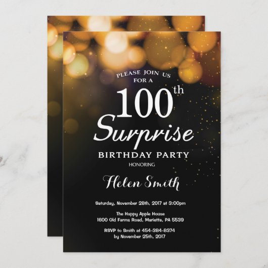 金ゴールドグリッターサプライズ100th誕生日招待状 招待状 (正面/裏面)