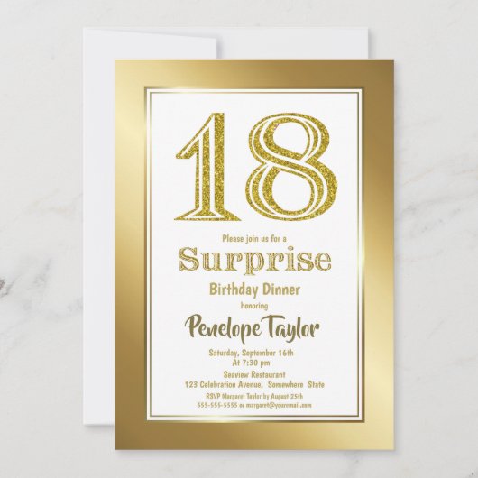 金ゴールドグリッターサプライズ18th誕生日ディナーパーティー 招待状 (正面)