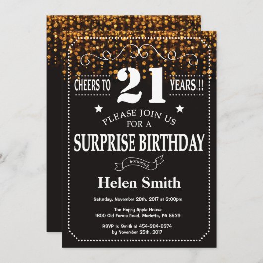 金ゴールドグリッターサプライズ21歳誕生日招待状 招待状 (正面/裏面)