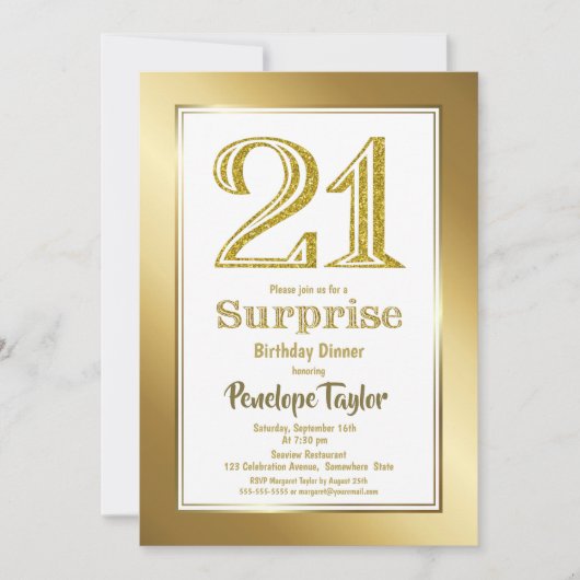 金ゴールドグリッターサプライズ21stバースデーディナーパーティー 招待状 (正面)