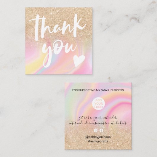 金ゴールドグリッターシックな虹大理石パステ感謝していル君 スクエア名刺 (正面/裏面)