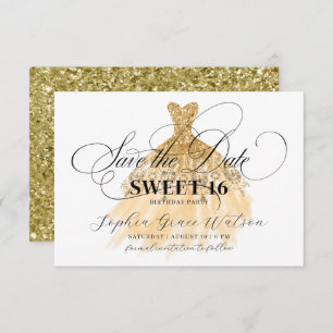 金ゴールドグリッターシックドレススウィート16誕生日 セーブザデート
