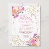 金ゴールドグリッターシックフローラ水の色の写真Sweet 16 招待状 (正面)