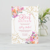 金ゴールドグリッターシックフローラ水の色の写真Sweet 16 招待状 (スタンド正面)