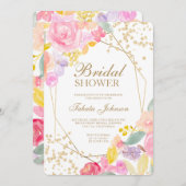 金ゴールドグリッターシックフローラ水カラーブライダルシャワー 招待状 (正面/裏面)