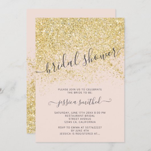 金ゴールドグリッターシック赤面ピンクブライダルシャワー 招待状 (正面/裏面)