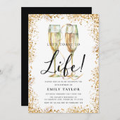 金ゴールドグリッターシャンパンバースデーパーティー 招待状 (正面/裏面)