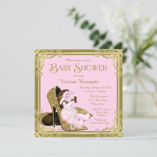 金ゴールドグリッターシューズピンクと金ゴールドベビーシャワー 招待状 (スタンド正面)