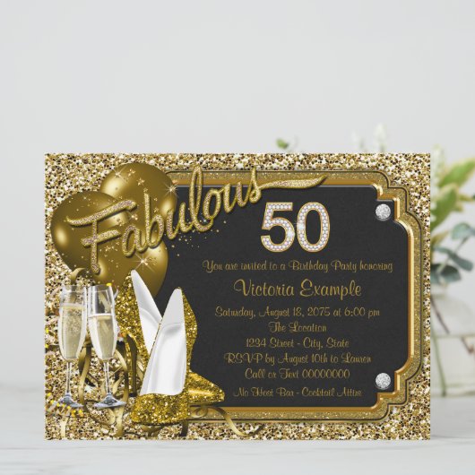 金ゴールドグリッターシューズファブラス50バースデーパーティー 招待状 (スタンド正面)
