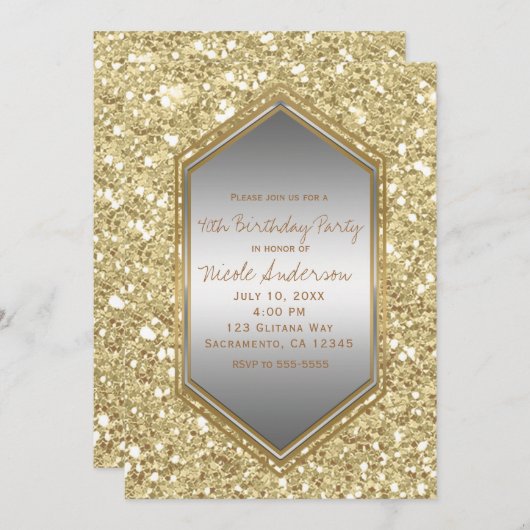 金ゴールドグリッターシルバーグラムバースデーパーティエディイベント 招待状 (正面/裏面)