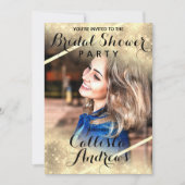 金ゴールドグリッターシークインズコーナーフォトブライダルシャワー 招待状 (正面)