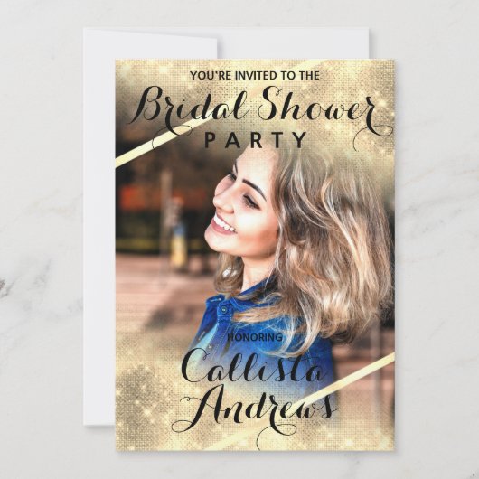 金ゴールドグリッターシークインズコーナーフォトブライダルシャワー 招待状 (正面)