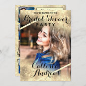 金ゴールドグリッターシークインズコーナーフォトブライダルシャワー 招待状 (正面/裏面)
