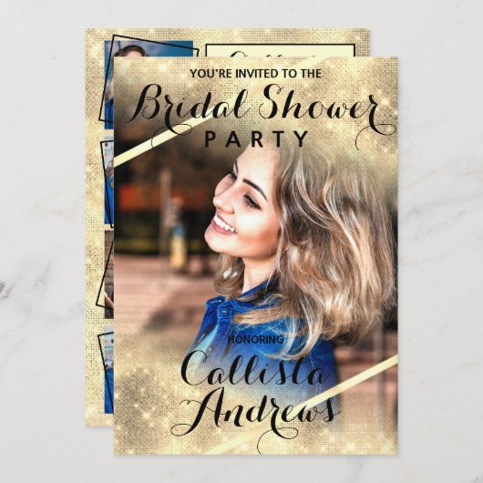 金ゴールドグリッターシークインズコーナーフォトブライダルシャワー 招待状 (正面/裏面)