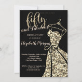 金ゴールドグリッターシークンズドレス，ブラック50thバースデーパーティー 招待状 (正面)