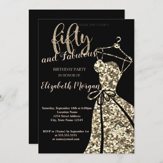 金ゴールドグリッターシークンズドレス，ブラック50thバースデーパーティー 招待状 (正面/裏面)