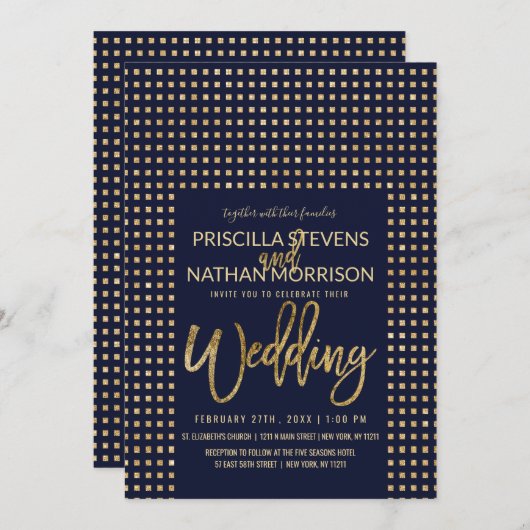 金ゴールドグリッタージュエルネイビーブルーシンプル結婚ズ 招待状 (正面/裏面)