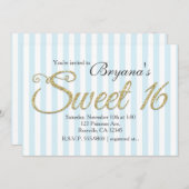 金ゴールドグリッタースウィート16ブルーパーティの招待状 招待状 (正面/裏面)