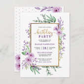 金ゴールドグリッタースクリプトパープルフローラ誕生日パーティー インビテーションポストカード (正面/裏面)