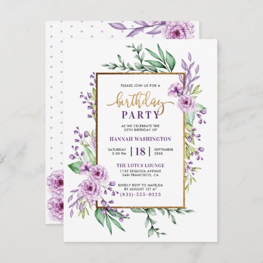 金ゴールドグリッタースクリプトパープルフローラ誕生日パーティー インビテーションポストカード (正面/裏面)