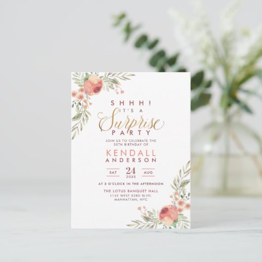 金ゴールドグリッタースクリプトフローラサプライズ誕生日パーティー インビテーションポストカード (スタンド正面)