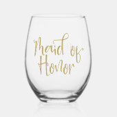 金ゴールドグリッタースクリプト名日付メイド・オブ・オーナー(花嫁付き添い人)プレゼント ステムなしワイングラス (正面)
