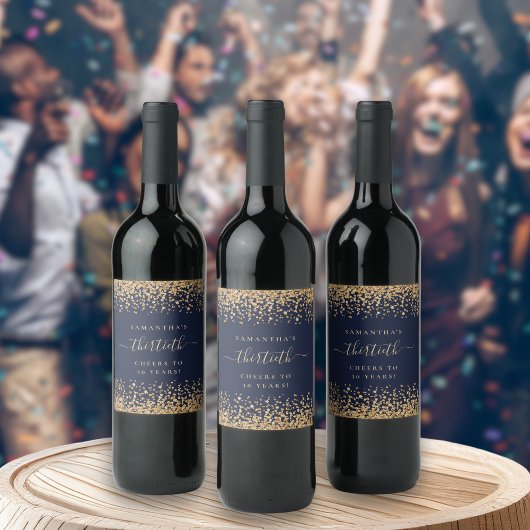 金ゴールドグリッタースクリプトNavy Blue応援30番目のパーティー ワインラベル