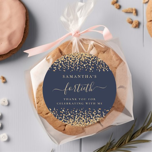 金ゴールドグリッタースクリプトNavy Blue 40thパーティー ラウンドシール