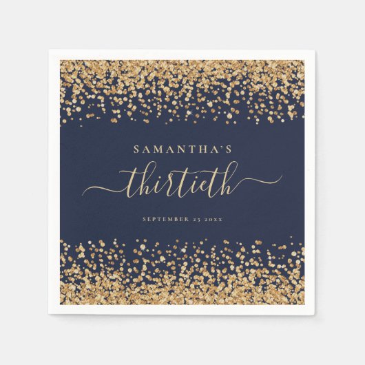 金ゴールドグリッタースクリプトNavy Blue Glam 30thパーティー スタンダードカクテルナプキン (正面)