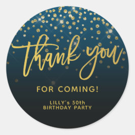 金ゴールドグリッタースクリプトThank You For 来 Blue ラウンドシール