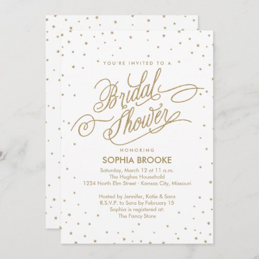 金ゴールドグリッタースターエレガントブライダルシャワー 招待状 (正面/裏面)
