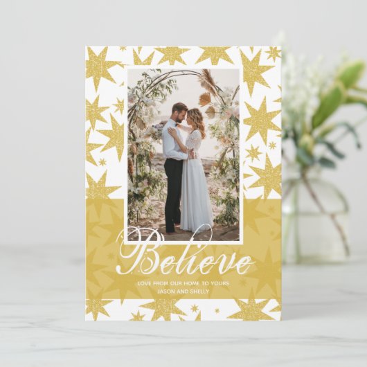 金ゴールドグリッタースタークリスマスフォト シーズンカード (スタンド正面)