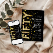 金ゴールドグリッタースターズブラックフィフティバースデーパーティー 招待状